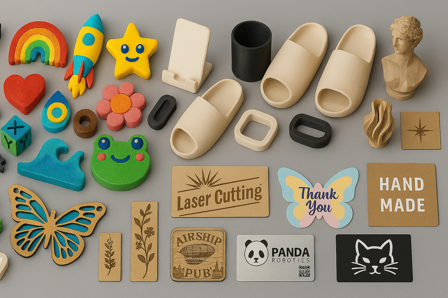 3d printed parts, laser cut and etched materials