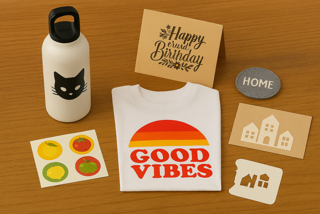 Blade-cut examples on a neutral work surface: adhesive vinyl water-bottle decal, HTV graphic T‑shirt, kiss‑cut sticker sheet, cardstock stencil, and felt patch