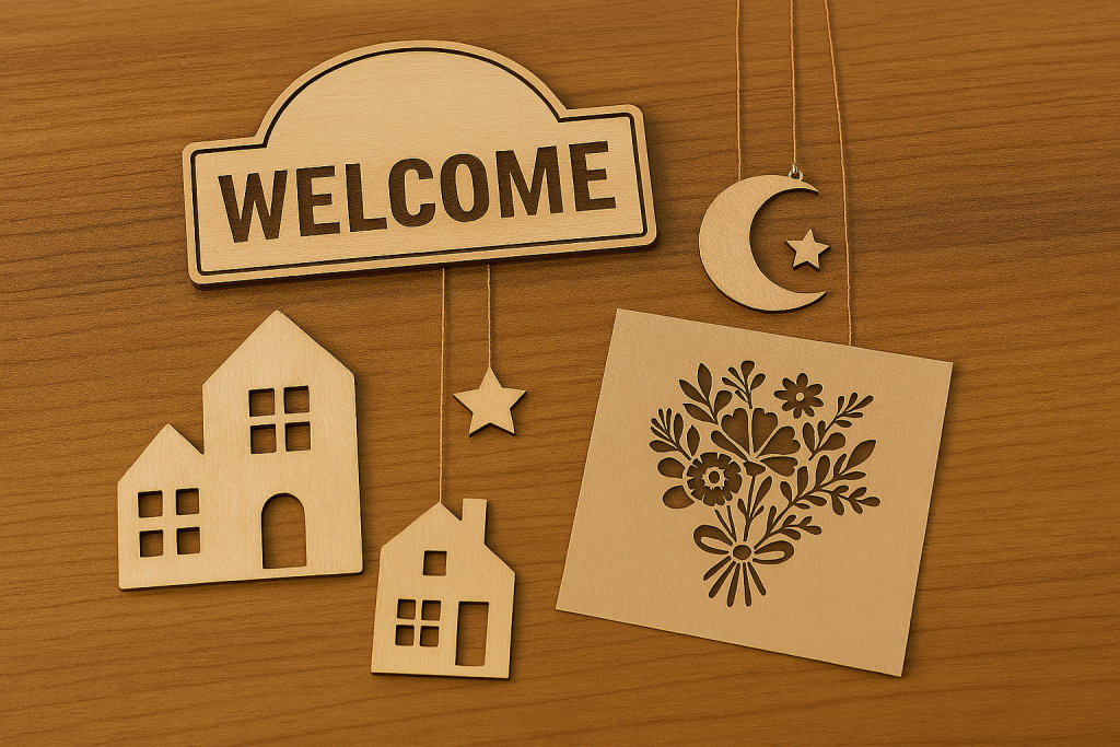 Examples of laser cutting: layered wood welcome sign, plywood mini house shapes, hanging moon and star charms, and a floral cardstock cutout on a neutral work surface