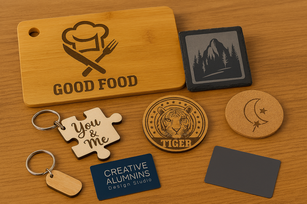 Laser-engraved examples on bamboo, slate, cork, wood keychains, and anodized aluminum card displayed on a workbench
