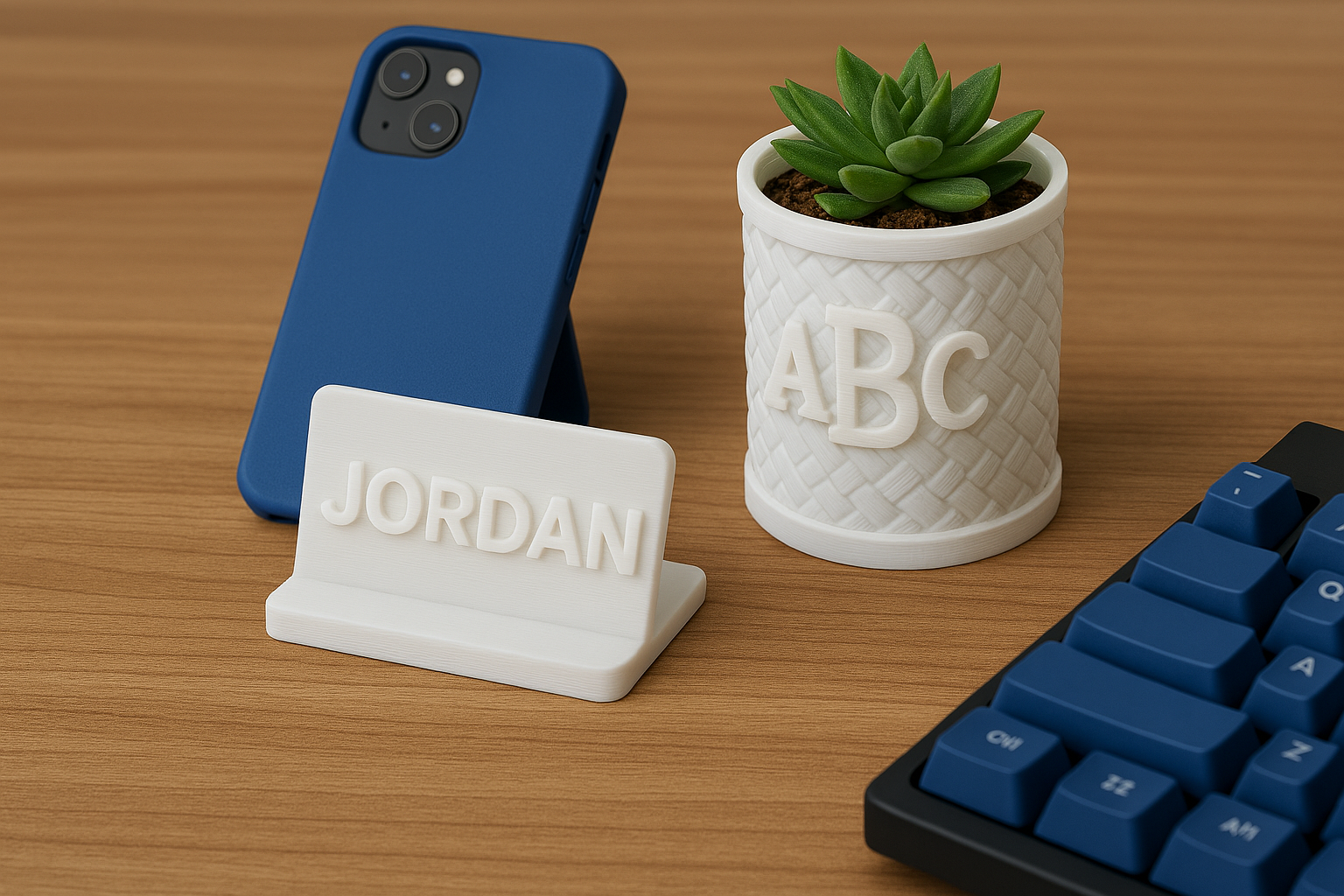 3d fdm printed custom consumer products, name plate, planter, phone case