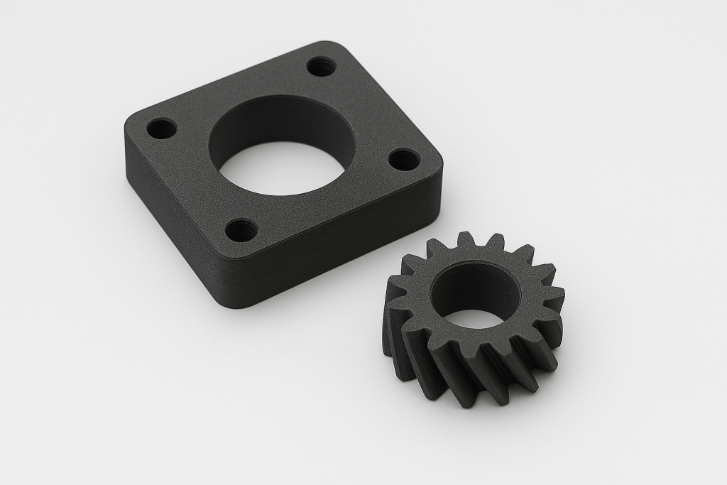Industrial 3D‑printed Nylon‑CF style bracket and gear on a neutral background