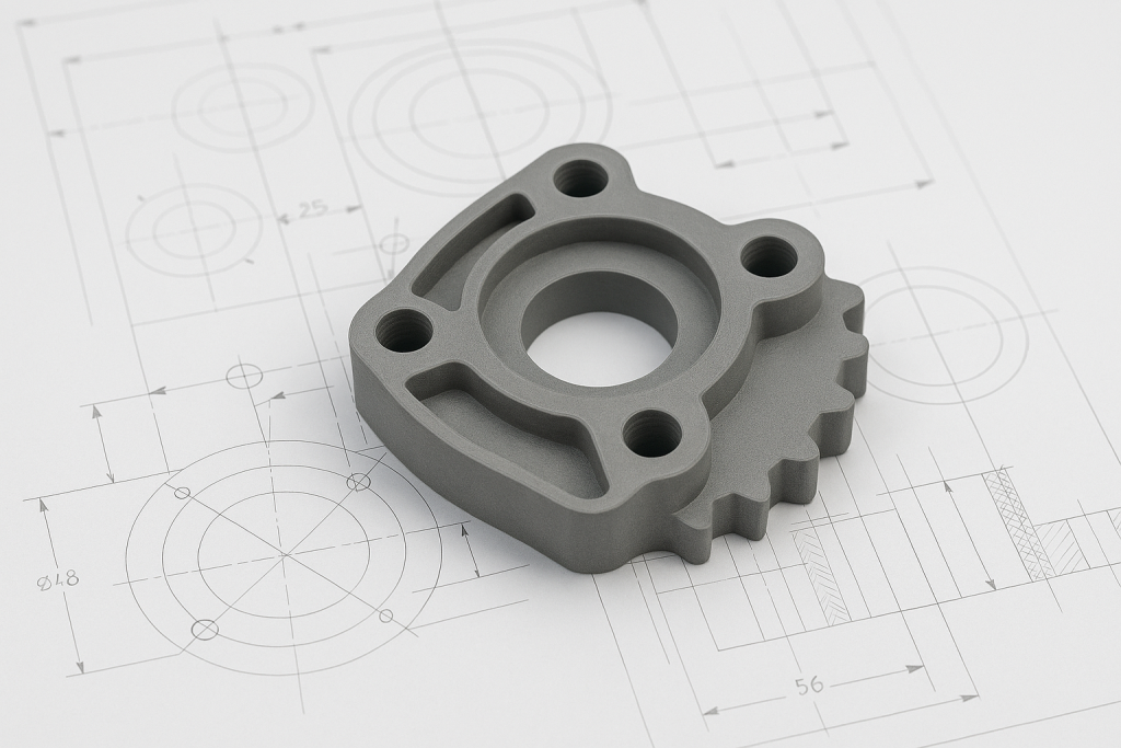Functional 3D‑printed prototype on an engineering drawing